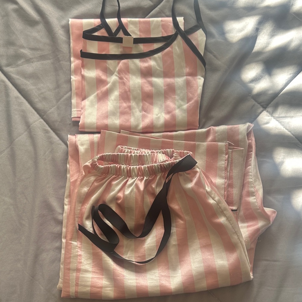 Pink and Cream Striped Satin Pajama Set with Black Trim